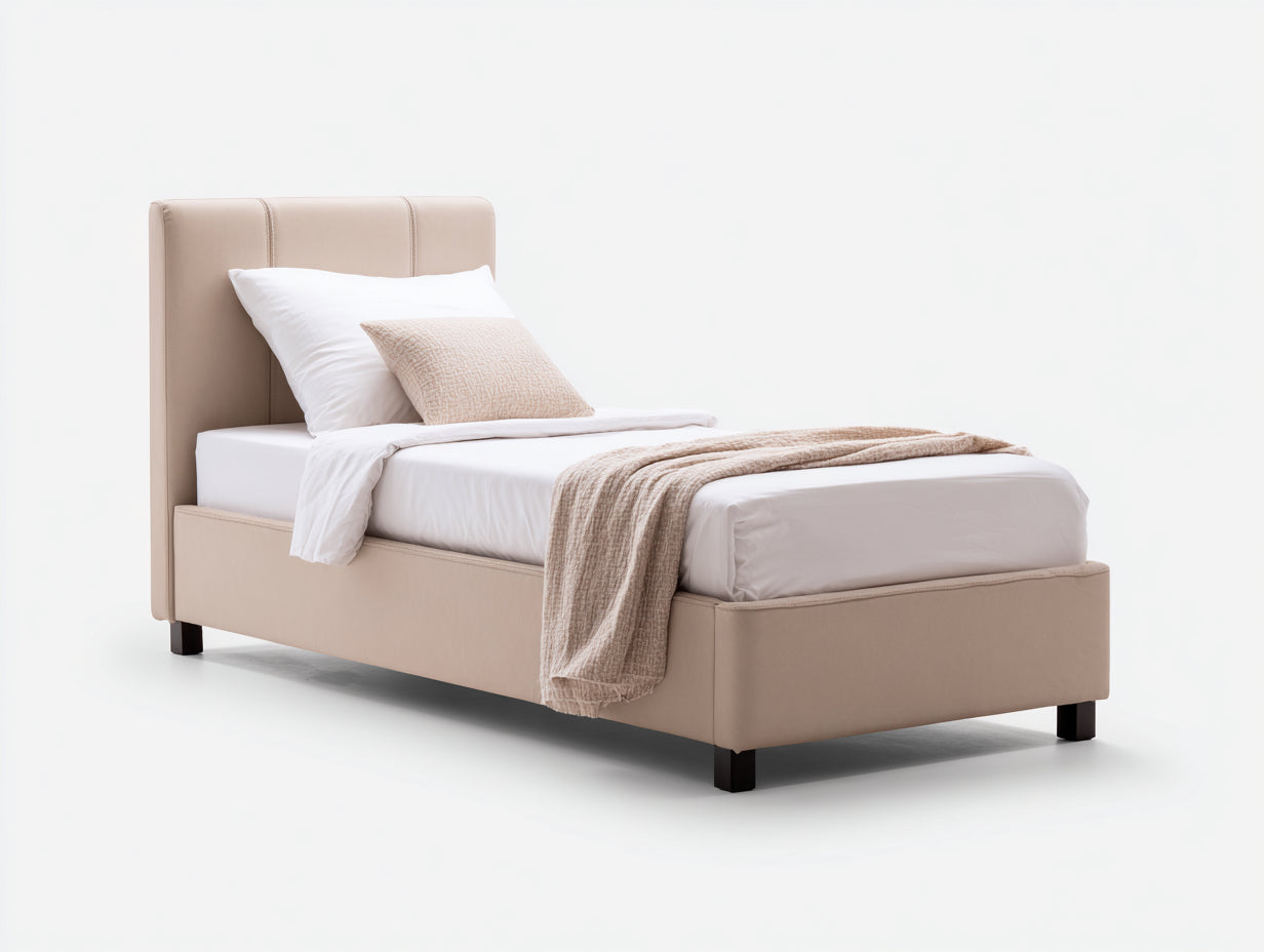 Lit simple - Cuir synthétique-Bois - 205 x 102 x 112 cm - Beige clair - Style contemporain